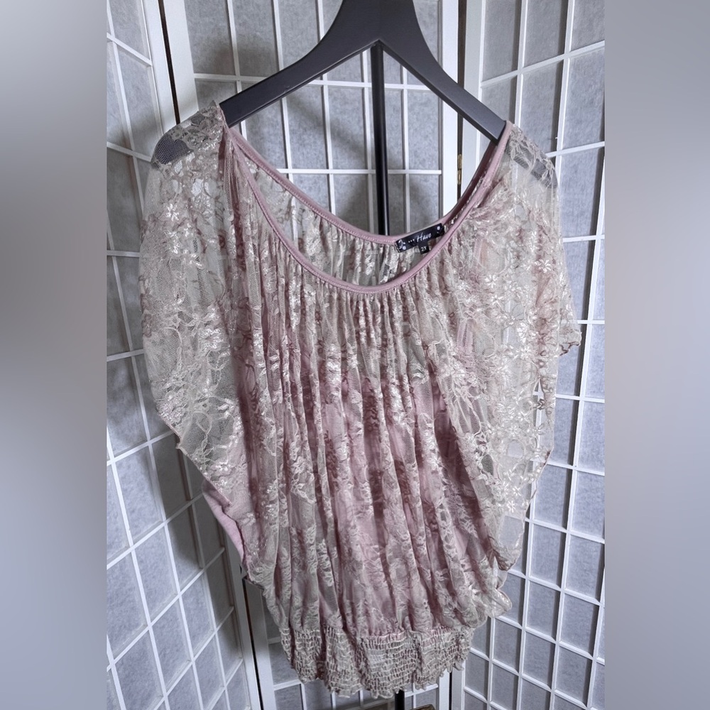 Lace Overlay Dusty Rose Blouson Top with Delicate shimmer, Occasion wear